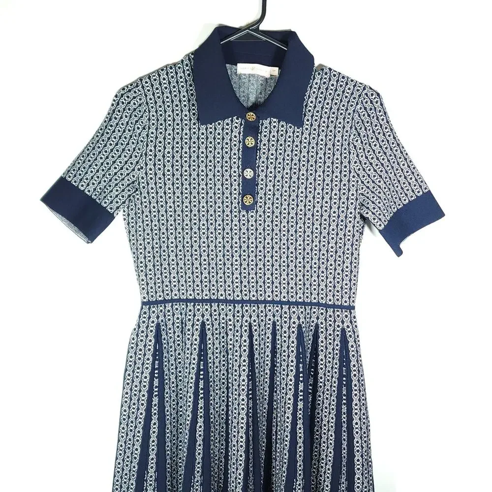 Tory Burch Gemini Link Small Knit Navy Jacquard Pleated Polo Dress NO BELT